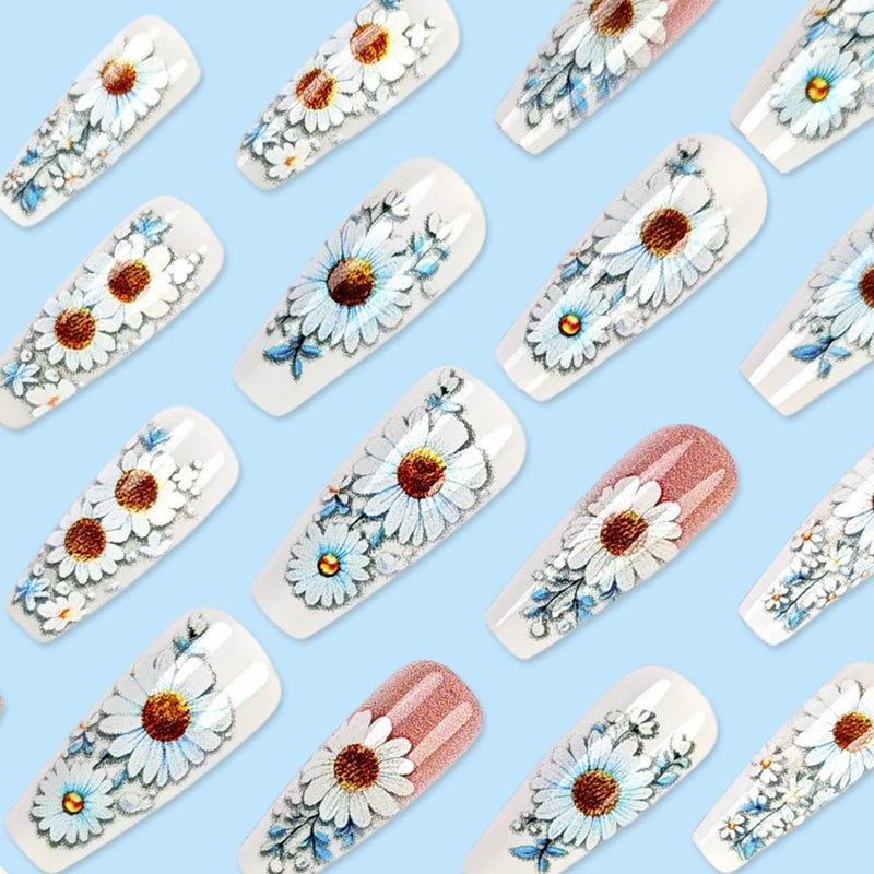 juggssa Spring Flower Press on Nails Long Coffin Fake Nails with Daisy Designs Spring Summer Glue on Nails Glossy Flower Acrylic Nails Full Cover False Nails with Glue Reusable Stick on Nails for Women 24PCS - Image 3